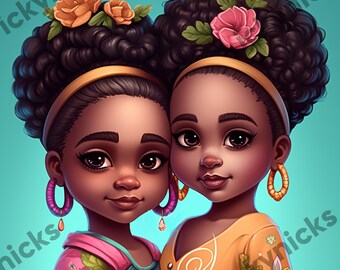 Black Ai Art Melanin Hairstyles Clipart | Black Twin Girl Illustration Sister Magic Artwork | African American Digital Wall Print Download