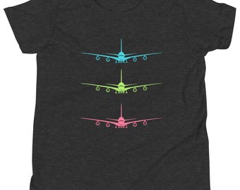 Camiseta infantil del avión A380 en gris carbón jaspeado / Camiseta colorida con diseño de jet stack / Regalo para futuros pilotos