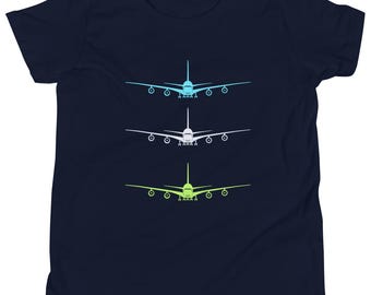 Camiseta azul marino del avión A380 para niños / Camiseta colorida con diseño de jet stack / Regalo para futuros pilotos