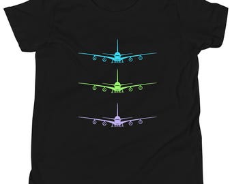 Camiseta negra para niños del avión A380 / Camiseta colorida con diseño de jet stack / Regalo para futuros pilotos