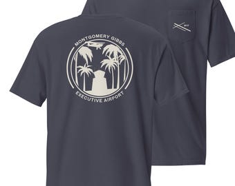 Camiseta de bolsillo azul marino del Aeropuerto Ejecutivo Montgomery Gibbs - Unisex, San Diego KMYF Piper Cub