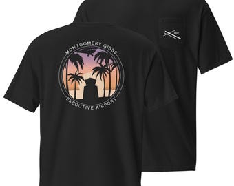 Camiseta negra de bolsillo del Aeropuerto Ejecutivo Montgomery Gibbs (unisex), San Diego KMYF Piper Cub