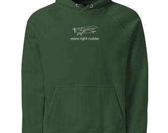 Sudadera con capucha raglán orgánica de aviación bordada More Right Rudder J3 Cub (verde)