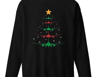 Sudadera con capucha y árbol de Navidad del B787 / Sudadera unisex con cuello redondo y diseño de avión navideño