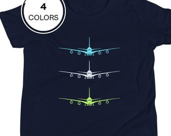 Camiseta infantil con avión A380 / Camiseta colorida con diseño de reactores / Regalo para futuros pilotos / Camiseta infantil de aviación