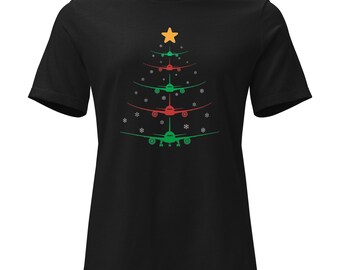 Camiseta con árbol de Navidad del B787 / Camiseta relajada de avión navideño para mujer