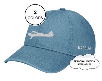 Piper Cub Embroidered Denim Hat | Personalized Airplane, Tail Number & Airport ID | Pilot Gift