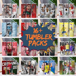 Puede incluir: Colección de más de 16 packs de vasos con varios diseños. Los vasos muestran imágenes de un jugador de fútbol en acción, retratos y colores del equipo. El texto "RONALDO" y "CR7" es visible en algunos vasos.