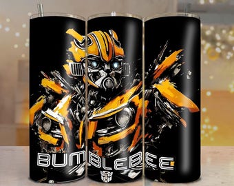 May include: Black tumbler featuring a vibrant illustration of Bumblebee from Transformers. The design showcases the character in yellow and black with the word "BUMBLEBEE" in white. Includes a straw.