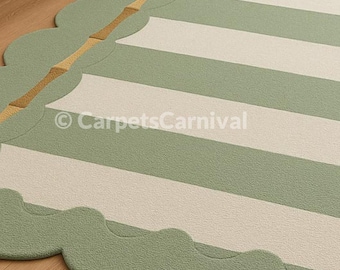 Sage Green Scalloped Hand Tufted Rug, Modern Minimalist Wool Area Rug, Organic Shape Bedroom Living Room Decor, Neutral Handmade Carpet