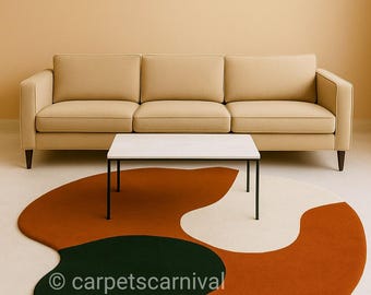 Modern Abstract Hand Tufted Wool Rug, Organic Shape Area Rug, Contemporary Orange & Green Carpet, Minimalist Living Room Rug, Custom Size