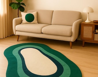 Alfombra verde abstracta con forma de onda: Lana tejida a mano con forma irregular para sala de estar
