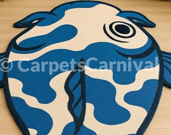 Hand Tufted Fish Shaped Rug: Blue Koi Inspired Animal Carpet