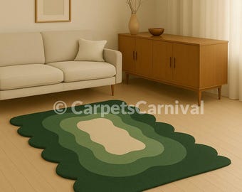 Hand Tufted Wool Area Rug, Organic Shape, Forest Green Abstract Design