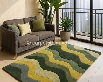 Hand Tufted Wool Wavy Rug, Abstract Organic Living Room Carpet