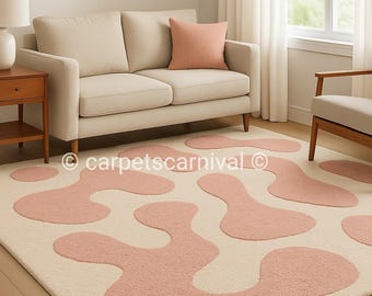 Hand Tufted Wool Abstract Rug, Blush Pink Cream, Modern Boho Area Rug