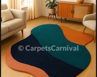 Hand Tufted Abstract Rug: Modern Color Block Irregular Shape