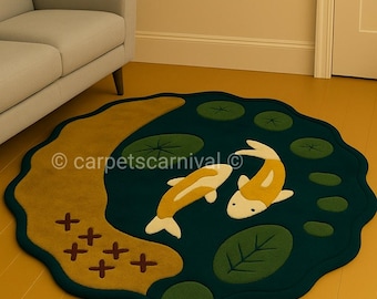 Hand Tufted Koi Pond Rug, Japanese Nature Area Rug, Organic Water Garden Carpet
