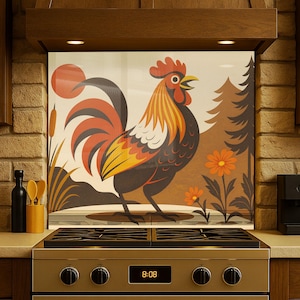 Rustic Rooster Glass Backsplash Panel – Heat Resistant Stove Splash Guard Tempered Glass Panel, Farmhouse Kitchen Decorative Wall Art