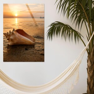 Sunset Seashell Wall Art: Tempered Glass Panel, Coastal Ocean-Inspired Home Decoration