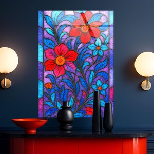Floral Stained Glass Wall Art: Decorative Tempered Glass Panel, Colorful Living Room Accent