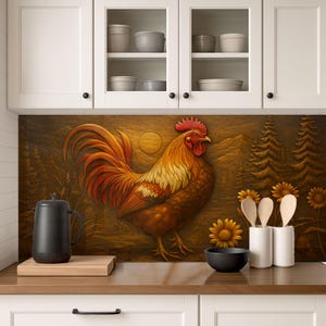 Rustic Rooster Glass Backsplash – Heat Resistant Stove Splash Guard Tempered Glass Panel, Farmhouse Kitchen Decorative Wall Panel