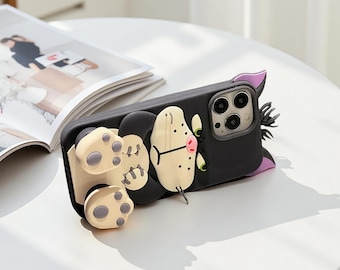 3D Lucifer Cat Phone Case iPhone 11 12 13 14 15 16 Pro Max Plus | Cute Cartoon Cat Feet Stand Soft Silicone Cover