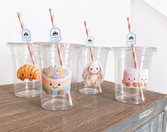 Jellycat Inspired Birthday Cups with Straw Tags | Bunny, Cake, Croissant Party Drinkware