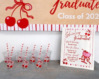 Cherry Graduation Party Decor Bundle, Class of 2026 Cups Banner Balloons