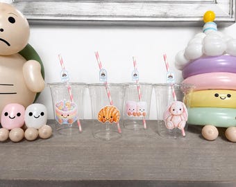 Jellycat Inspired Birthday Cups with Straw Tags | Bunny, Cake, Croissant Party Drinkware