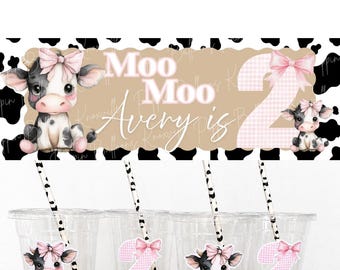 ピンクの牛柄バースデーカップ＆バナーセット｜名前と年齢をカスタマイズできるデコレーション