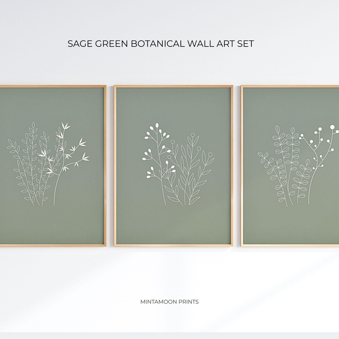 Sage Green Botanical Wall Art Set – Minimal Plant Prints, Neutral ...