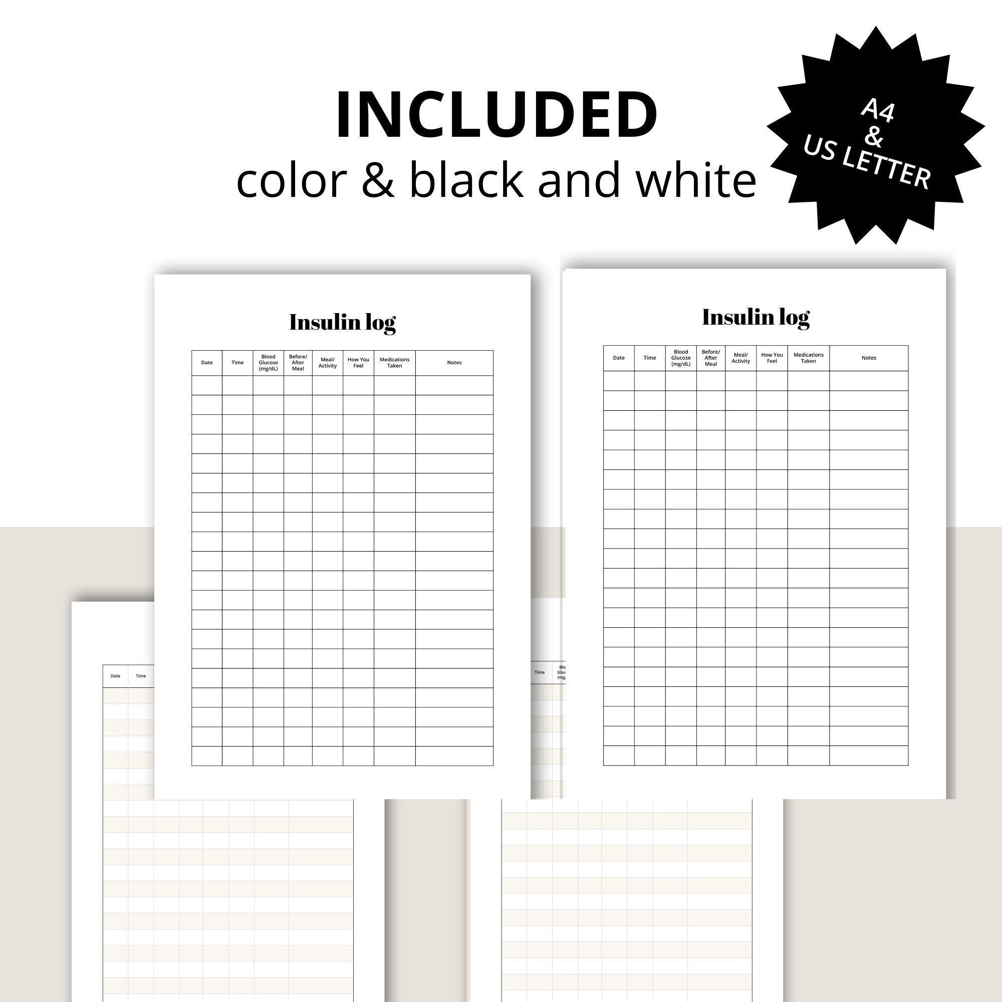 Printable Insulin Log | Blood Glucose Medication Tracker | Diabetes ...