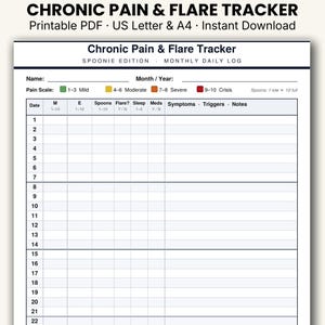 May include: A printable PDF chronic pain and flare tracker titled "Chronic Pain & Flare Tracker." The document includes sections for tracking pain scale, symptoms, and triggers. It is designed for monthly use and is available in US Letter and A4 sizes.