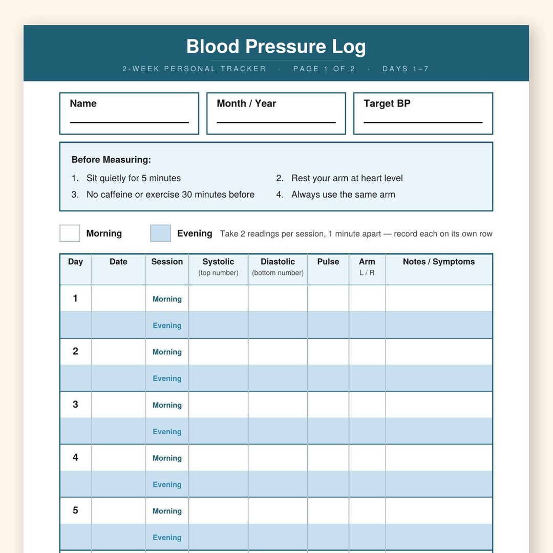 Blood Pressure Log Printable | Daily BP Tracker | Systolic Diastolic ...