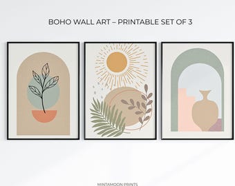 Boho Wall Art Set of 3 – Neutral Plant Prints, Minimal Printable Home Decor