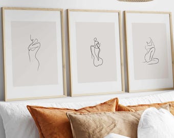 Female Line Art Set of 3, Neutral Abstract Body Wall Art, Minimalist Figure Prints, Modern Gallery Wall, Printable Art