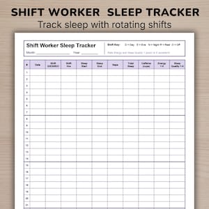 Peut inclure: Un document blanc intitulé "Shift Worker Sleep Tracker" avec une grille pour suivre les habitudes de sommeil. Le document comprend des sections pour la date, le quart de travail, les heures de sommeil, les siestes, la caféine et la qualité du sommeil.
