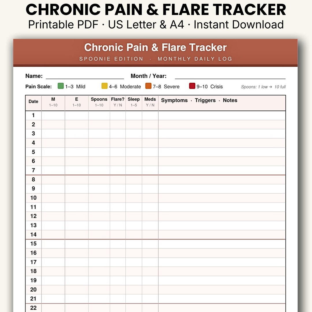 Flared Log Chronic Pain Tracker Printable | Spoonie Flare Log | Fibromyalgia ...