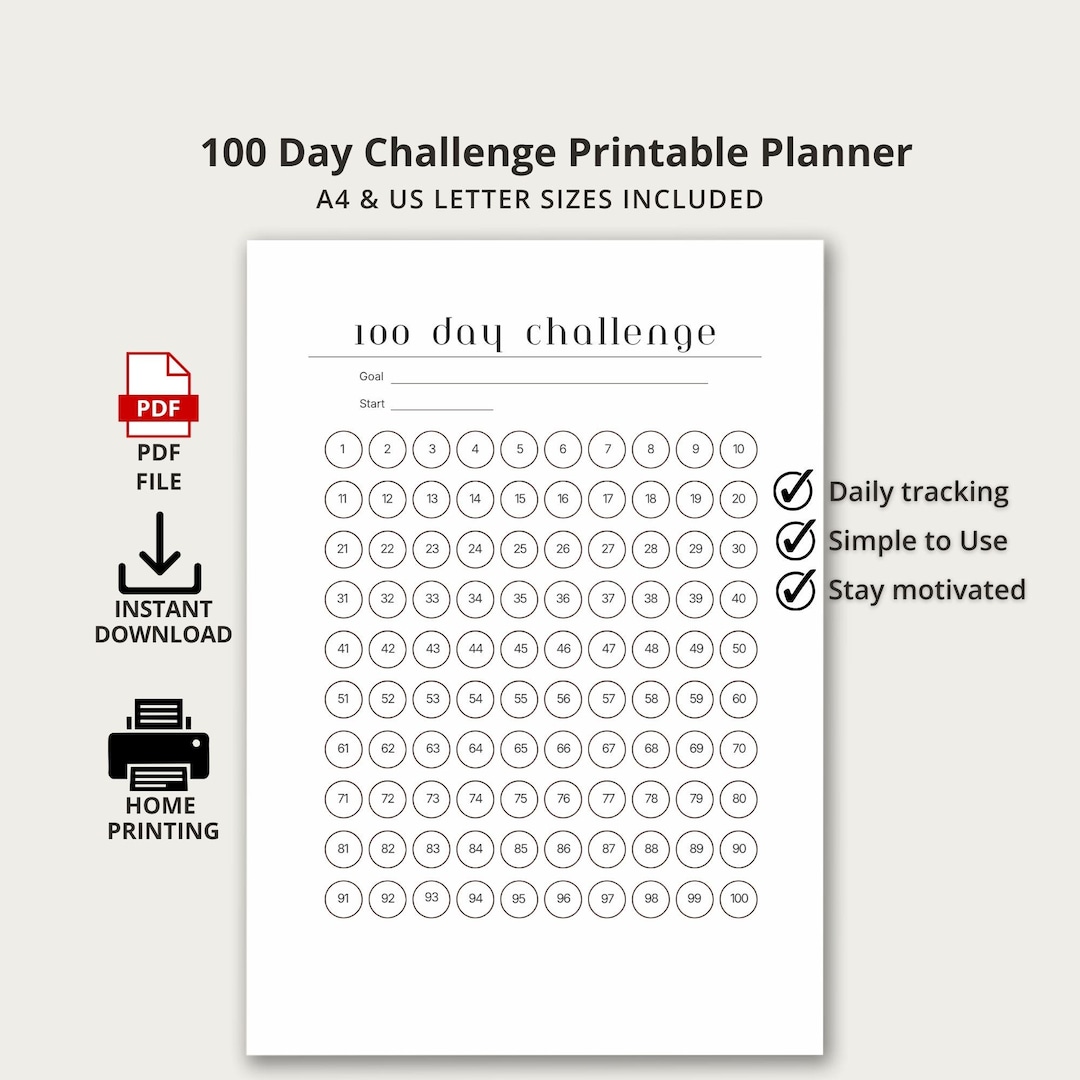100 Day Challenge Printable Planner • One Page Habit Tracker PDF ...