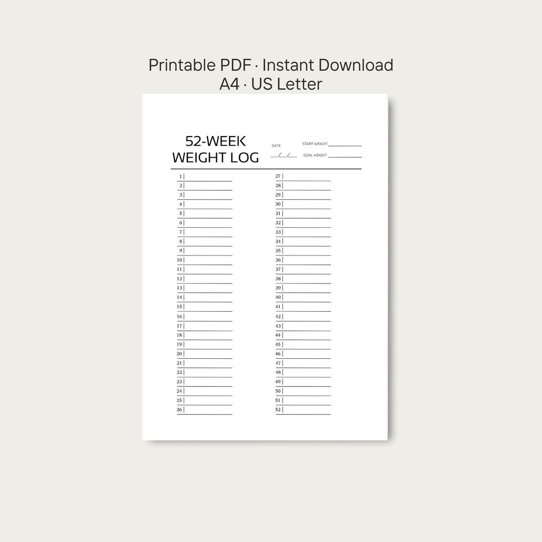 52 Week Weight Tracker Printable | Weekly Weight Loss Log PDF | Simple ...