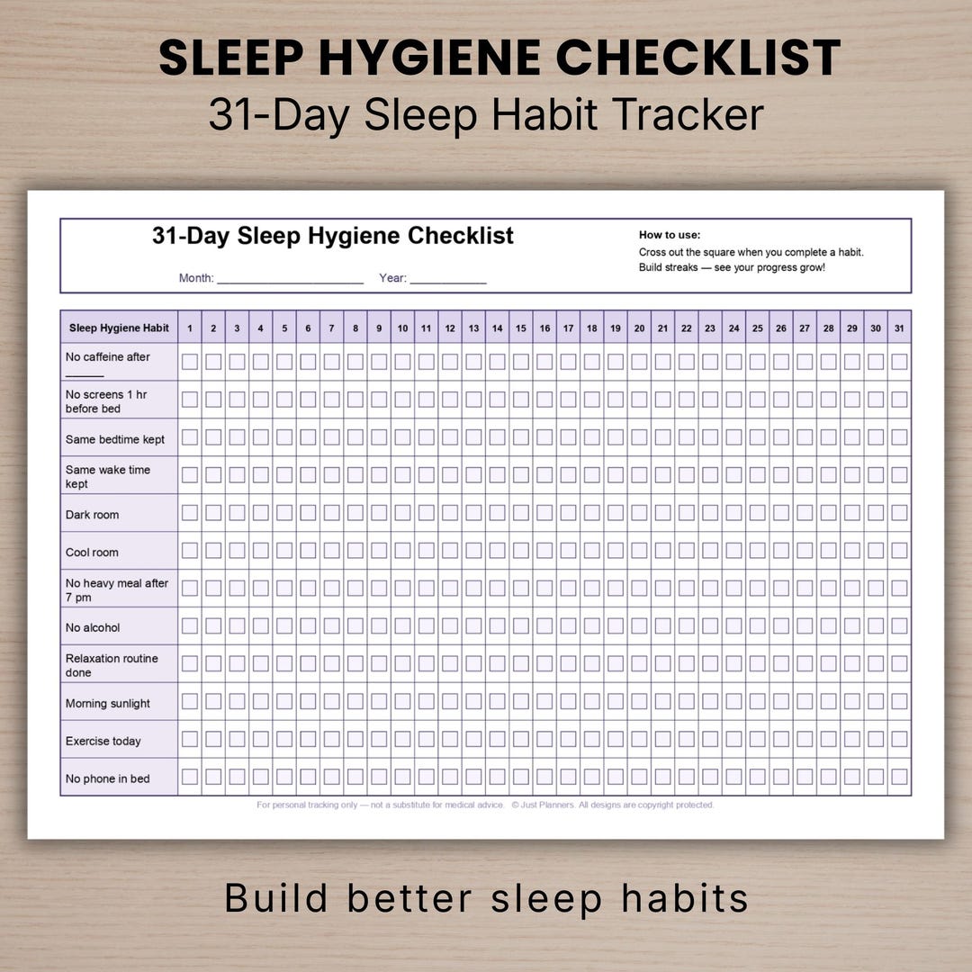 Sleep Hygiene Checklist Printable, 31 Day Sleep Tracker, Sleep Habit Checklist, Insomnia Habit ...
