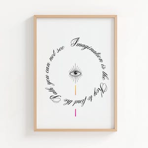 May include: Framed art print with a white background. The artwork features a detailed eye illustration at the center, surrounded by a circular text that reads "Faith you can not see. Imagination is the key to find the". A vertical line with orange and purple gradients is below the eye.
