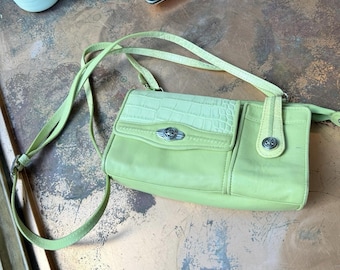 Vintage 90er Jahre Brighton Lime Green Leder Schulter und Crossbody Bag Fächer