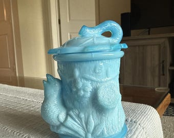 Victorian Blue Slag Glass Spooner bird/woodland theme 4” tall 2” diameter