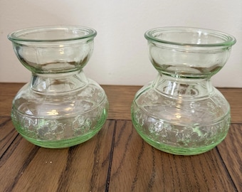 Glass Bulb Forcing Vases (2) Embossed Flower Motif - Tulip, Hyacinth, Paperwhite