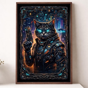 Cyberpunk Cat Poster – Neon Hacker Kitty Wall Art Print | Sci-Fi Feline Gamer Decor Gaming Room