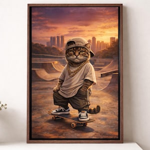 Könnte beinhalten: Gerahmter Leinwanddruck, der eine Katze auf einem Skateboard in einem Skatepark zeigt. Die Katze trägt eine Kappe, eine goldene Kette und ein weißes T-Shirt. Der Hintergrund zeigt einen Sonnenuntergang und eine Skyline. Die Katze trägt Turnschuhe und eine weite Hose.