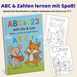May include: A children's educational book titled "ABC & 123 with Lilo & Leo" with a blue cover, featuring a cartoon mouse and fox. Includes coloring pages with fish and lion illustrations.