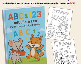 Pode incluir: Um livro educativo infantil intitulado "ABC & 123 com Lilo & Leo" com capa azul, apresentando um rato e uma raposa de desenho animado. Inclui páginas para colorir com ilustrações de peixes e leões.
